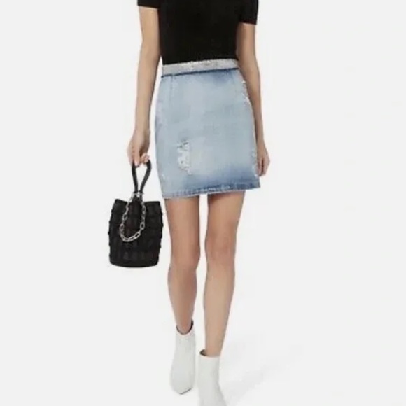 IRO Silver Sequin Waistband Distressed Denim Pencil Skirt Size 10 NWOT - Picture 10 of 10